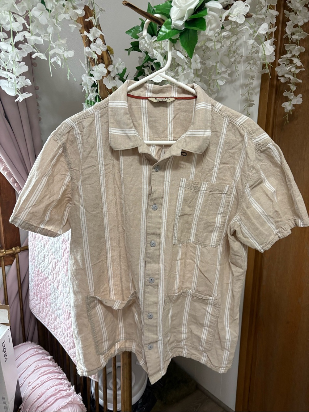 Simms Beige and White Striped Short-Sleeve Button-Down Shirt
